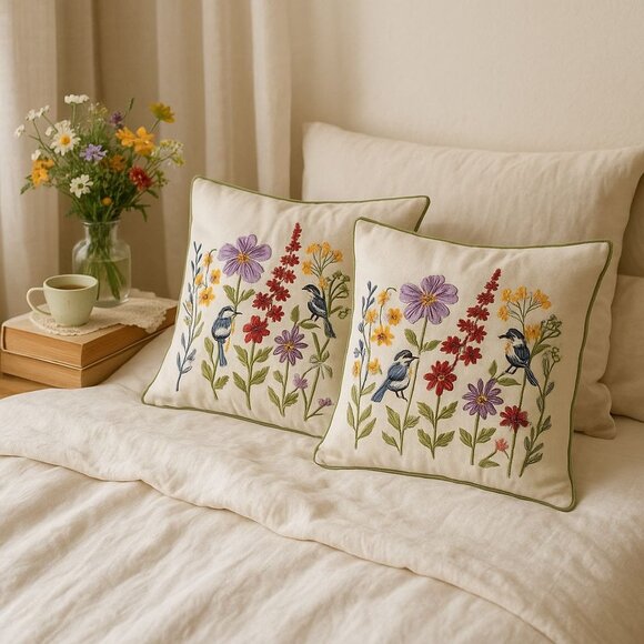 Embroidered Floral Bird Pillow Covers Set of 2 Square Decorative Throw Botanical - Picture 1 of 13